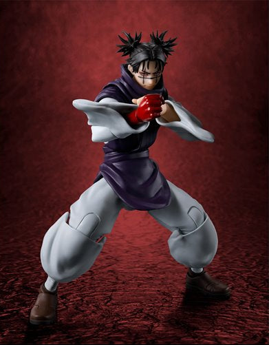 A detailed action figure of the character Choso from Jujutsu Kaisen, posed in a dynamic fighting stance with his hands raised. The figure features black hair, a purple and white outfit, and red gloves, set against a textured dark red background.