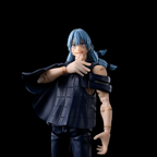 A collectible action figure of a blue-haired anime character in a dark outfit, posed against a solid black background.