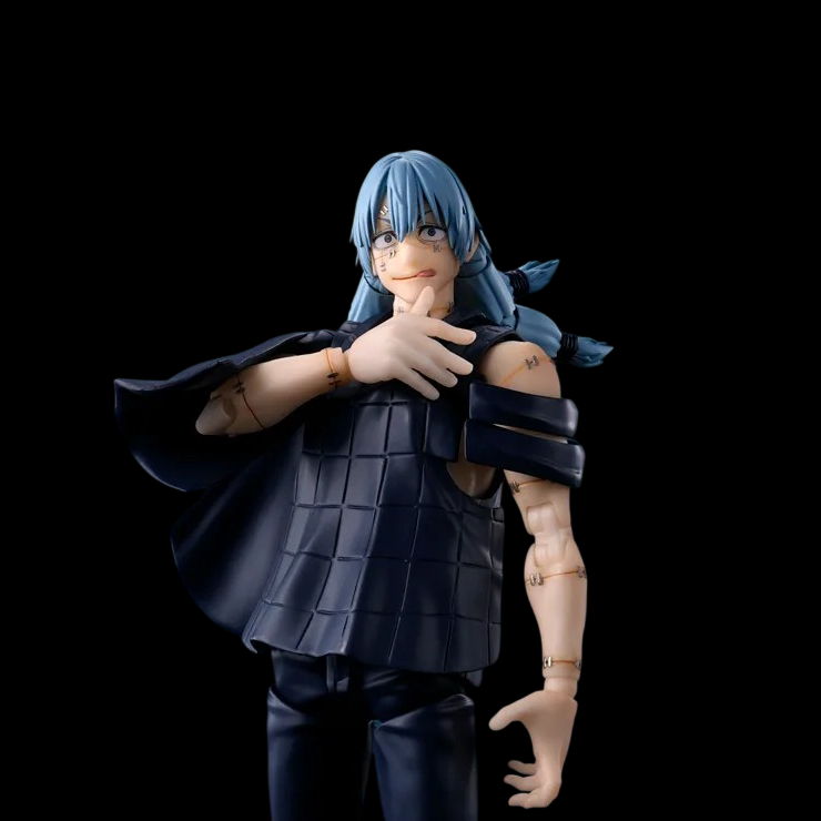 A collectible action figure of a blue-haired anime character in a dark outfit, posed against a solid black background.