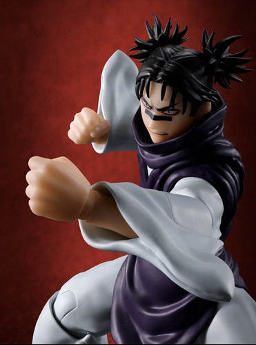 A collectible action figure of the anime character Choso from Jujutsu Kaisen, posed in a dynamic fighting stance with fists forward. The figure is wearing a white and dark purple outfit, set against a textured dark red background.