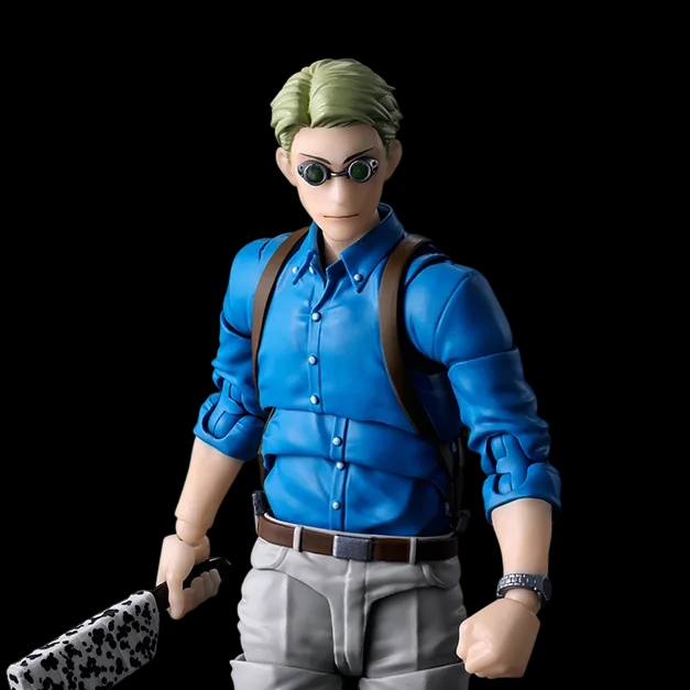 A collectible action figure of a man with light green hair, wearing a bright blue button-down shirt, grey trousers, brown shoes, and sunglasses, holding a black-and-white patterned clutch against a solid black background.