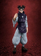 A collectible action figure of the anime character Choso from Jujutsu Kaisen, posed with one hand raised, wearing a dark purple and light gray outfit against a textured red background.