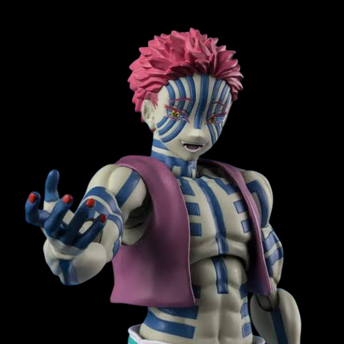 A detailed collectible action figure of the anime character Akaza from Demon Slayer, featuring pink hair, blue and white body markings, a purple vest, and white pants, posed against a solid black background.