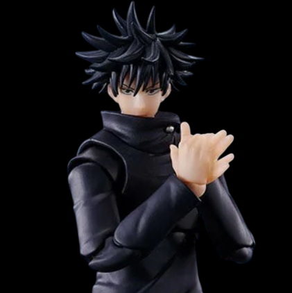 A collectible anime figure of Megumi from Jujutsu Kaisen, wearing a black high-collar jacket and pants, posed with his hands together against a solid black background.