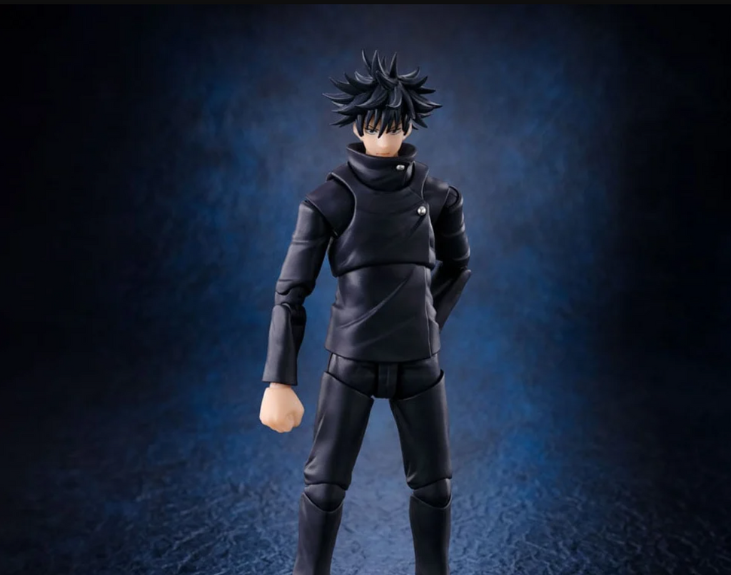 A black action figure of a Megumi character from Jujutsu Kaisen, posed standing against a dark blue textured studio background.