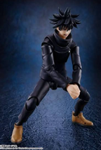 A collectible action figure of the character Megumi from Jujutsu Kaisen, posed in a dynamic crouching stance. The figure is dressed in a black high-collar outfit with black boots, set against a dark textured blue background.