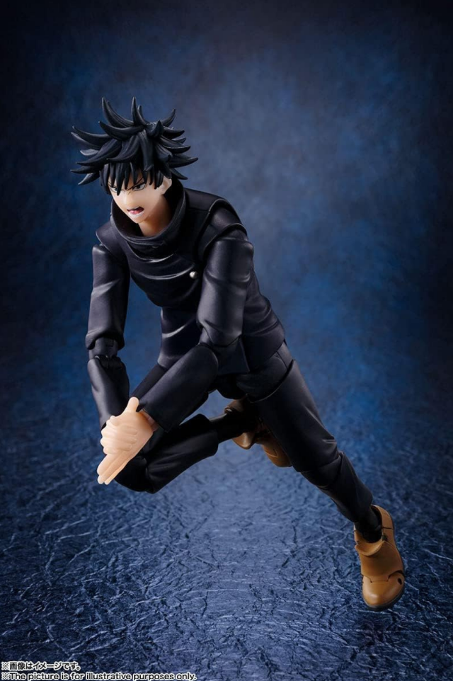 A collectible action figure of the character Megumi from Jujutsu Kaisen, posed in a dynamic crouching action stance. The figure is dressed in a black high-collar jacket and pants with brown boots, set against a dark textured blue background.