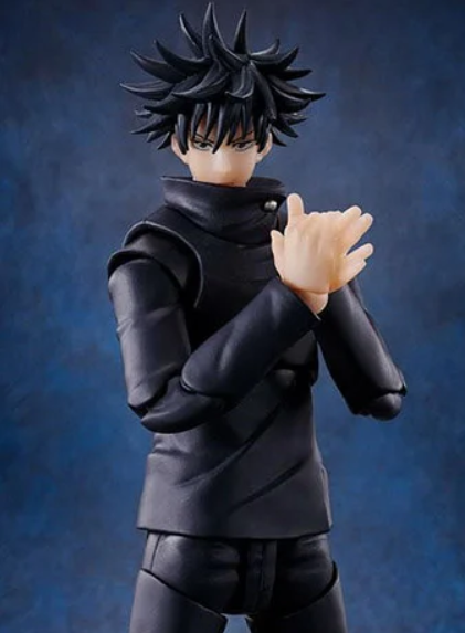 A collectible action figure of a spiky-haired anime character in a black high-collar jacket and pants, posed with hands together against a textured blue background.