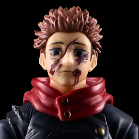 A close-up of a collectible anime figure with spiky reddish-brown hair, a red scarf, and a black jacket, shown against a solid black background.