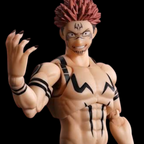 A collectible action figure of a Sukuna character with spiky reddish-pink hair, black tribal-style tattoos, and clawed hands, posed against a solid black background.