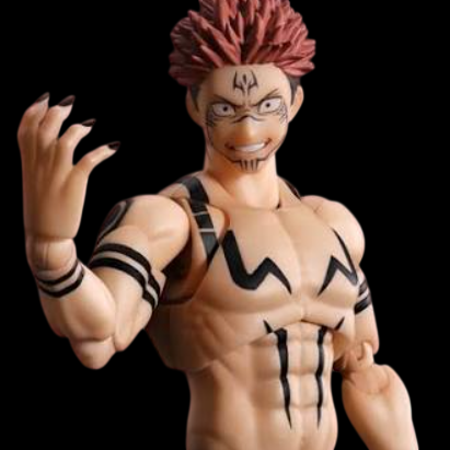 A collectible action figure of a Sukuna character with spiky reddish-pink hair, black tribal-style tattoos, and clawed hands, posed against a solid black background.