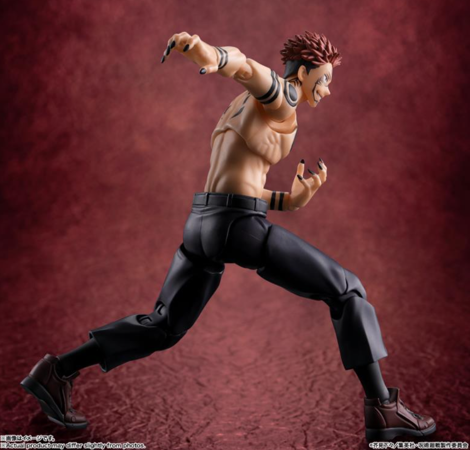 Action figure of Sukuna in a dynamic pose against a red background