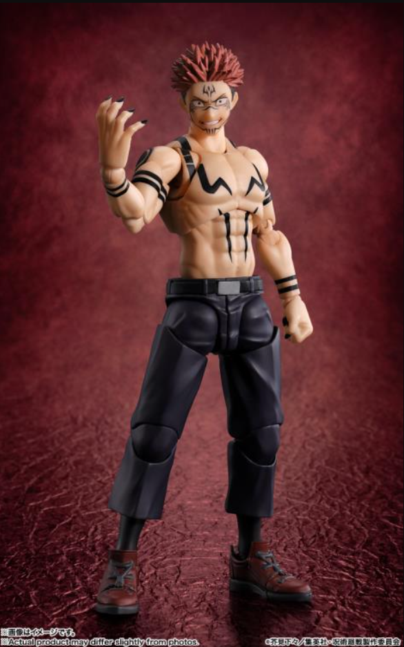 A detailed anime action figure of the character Sukuna from Jujutsu Kaisen, posed dynamically against a textured dark red background.