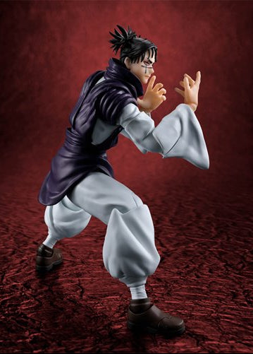 A collectible action figure of the character Choso from Jujutsu Kaisen, posed in a dynamic martial arts stance against a textured dark red background.