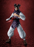 A collectible action figure of the character Choso from Jujutsu Kaisen, posed dynamically with a red energy blade extended from his hand, set against a textured dark red background.