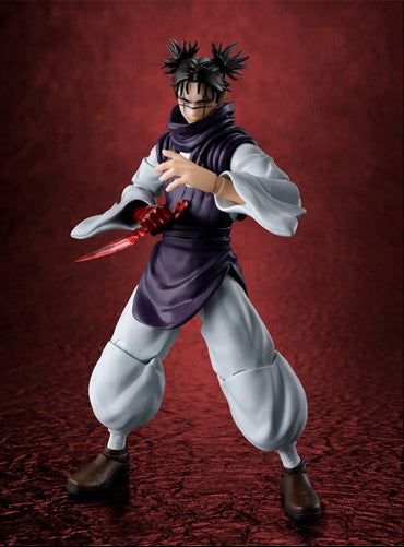 A collectible action figure of the character Choso from Jujutsu Kaisen, posed dynamically with a red energy blade extended from his hand, set against a textured dark red background.